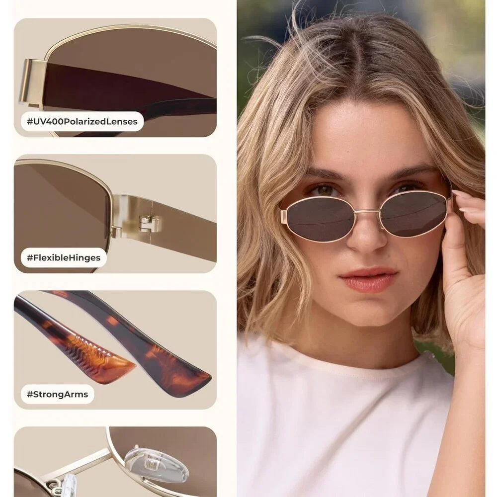Retro Polarized Black Glod Sunglasses UV400 Protection Oval Metal Soft Frame
